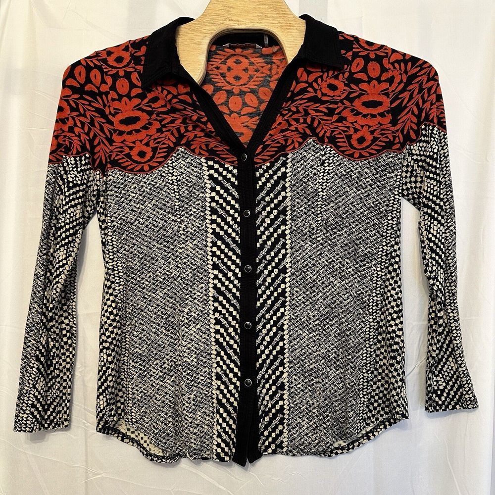 Soft‎ Surroundings Shirt Womens Size Large Pearl Snap Black White Orange V Neck